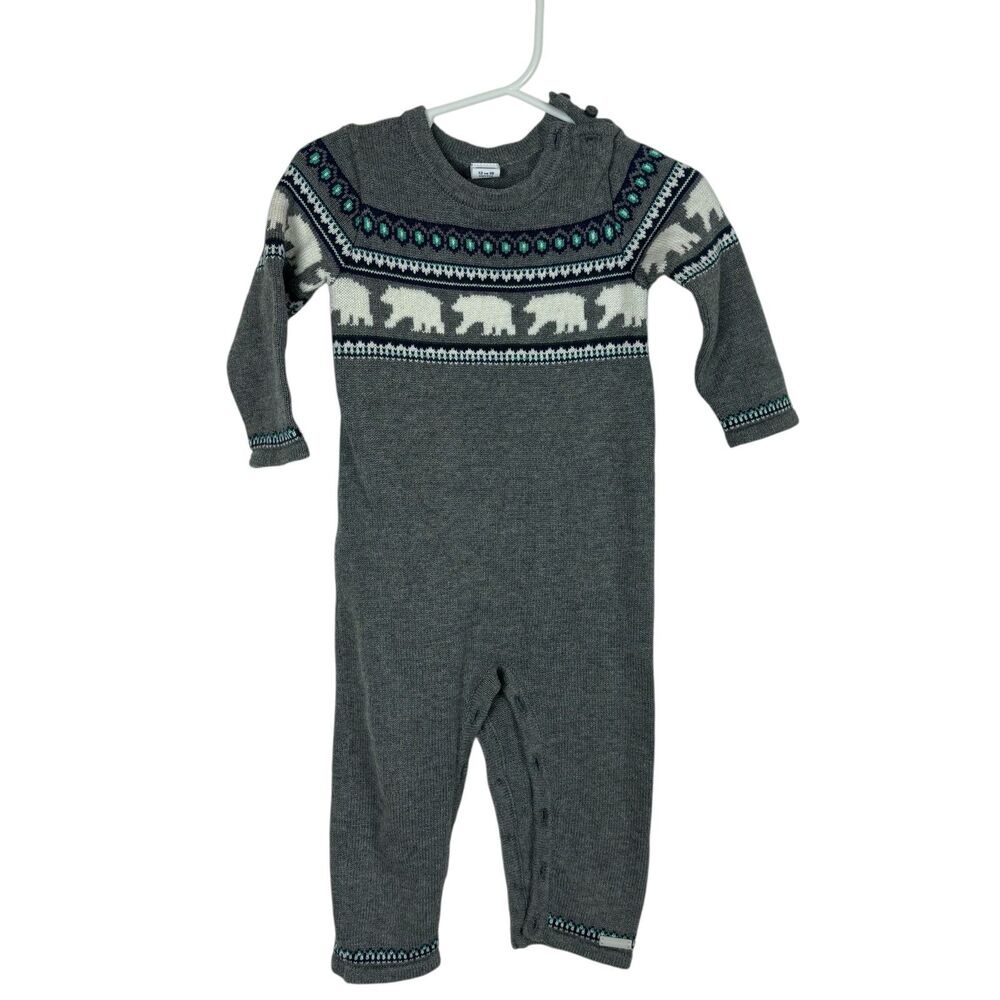Janie & Jack Fair Isle Bear Knit Boys Coverall Long Sleeve Baby Size 12-18 Month